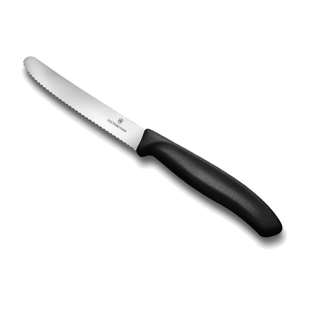 Couteau bout arrondi lame crantée 11 cm manche polypropylène noir